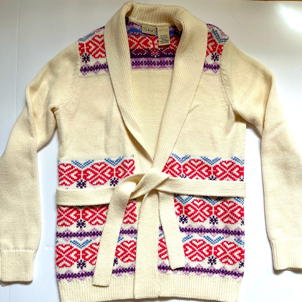 LL bean fair isle cardigan wrap sweater girls size Medium 10-12